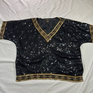 Women XL 18/20 Spell Bound Black Gold Sequin Pure Silk Short Sleeve Vintage